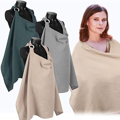 Treela 3 Pcs Muslin Cotton Breathable Nursing Cover Multi Use Car Seat Stroller Breastfeeding Cover for Breastfeeding Baby Shower Gifts Essentials(Bright Color)