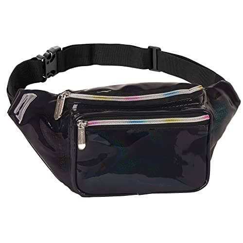Black Holographic Fanny Pack Belt bag - Crossbody Waist Bag for Men or Women - Hands-Free, Waterproof Large Bumbag for Hiking, Running, and Travel