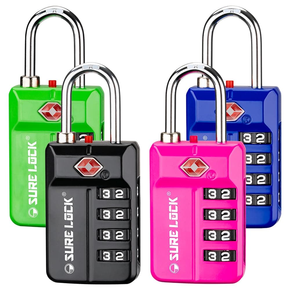 SURE LOCK TSA Approved 4Digit Resettable Combination Luggage Locks with Open Alert EasyRead Dials for Luggage School Lockers Gym Office Toolbox Security Cases4 Assorted Colors