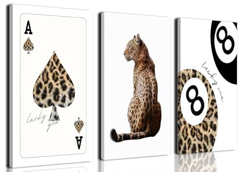 Trendy Leopard Canvas Wall Art Set of 3 Cheetah Prints Wall Decor Pictures Funky Lucky You 8 Ball Poster Preppy Aesthetic Paintings for Girls Bedroom Dorm Apartment 16x24 inch Framed