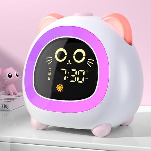 ANALOI Alarm Clock for Kids Ok to Wake Clock for Kids with Eye Protection Sleep Training Auto Off Feature 10 Night Light Dual Alarm for Bedroom Kids Alarm Clock Pink Cat Gifts for Girls