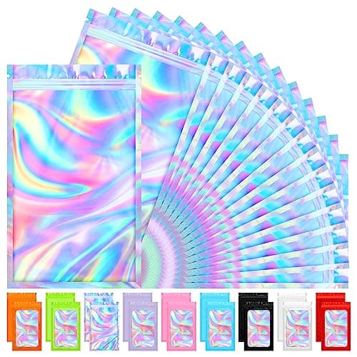 FITIMOR 100 PCS Mylar Holographic Bags, Clear Resealable Bags, Scent Proof Bag, Bracelet Bag, Valentines Day Decorations Gift Baggies for Dulces, Lipgloss, Eyelash, Jewelry Packaging | 4x6 Inch