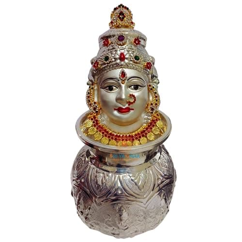 SRI YAGNAA German Silver Ashta Laxmi Kalasam With Ammavari Face - Silver Plated Face - Laxmi Mukhota (Kwdf-S, Fantasy, 9 Cm, 9 Cm)