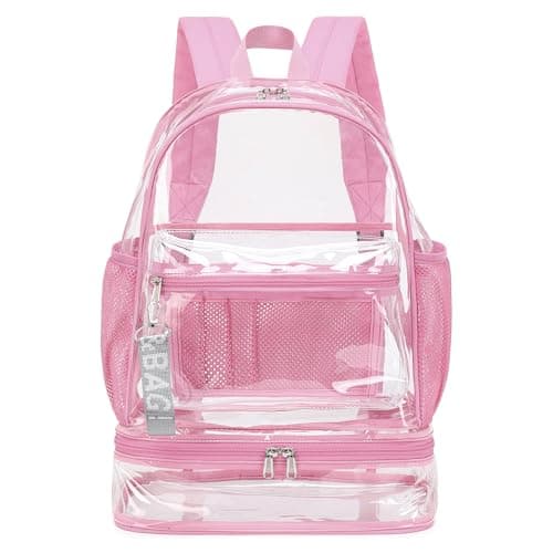 mygreen Clear Backpack with Bottom Compartment for Lunch Box or Shoes 2in1 Design for School Sports Work Stadium Security Travel College Pink