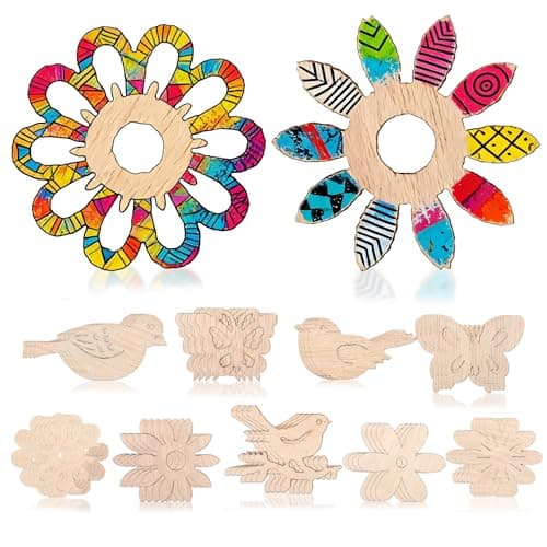 Amosfun 100PCS Unfinished Wood Cutouts for Crafts, Unfinished Wood Shapes Flower Bird and Butterfly, for Adults Children DIY Crafts Painting, Party, Home Decoration