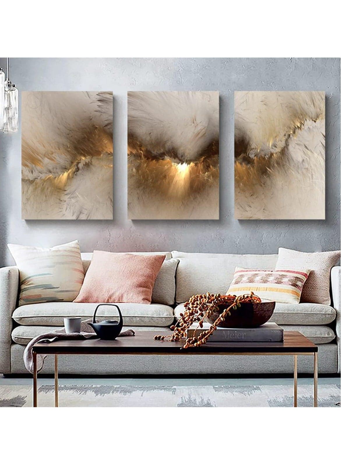 Set Of 3 Framed Canvas Wall Arts for Living Room, Abstract Golden Cloud Paintings Artwork Wall Decor for Office Bedroom
