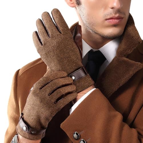 LADYBRO Herringbone Tweed Gloves for Men Touchscreen Winter Warm Lined Driving Black Brown Wool Blend Retro 1920s, S-XXL