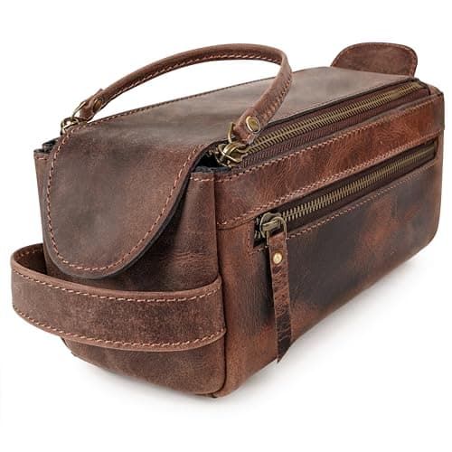LUXEORIA Premium Handmade Leather Toiletry Bags for Men and Women, Genuine Leather Dopp Kit and Shaving Bag for Men, Travel Cosmetic Bag for Women's and Men's, Zipper Pocket, Dark Brown
