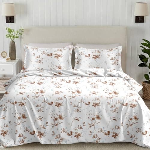 Plumora Cotton King Size Bedsheet 108x108 Super King, 100% Pure Cotton Bed Sheet with 2 Pillow Covers, 300 TC Soft Breathable Floral Design Bedding - (Brown Spring)