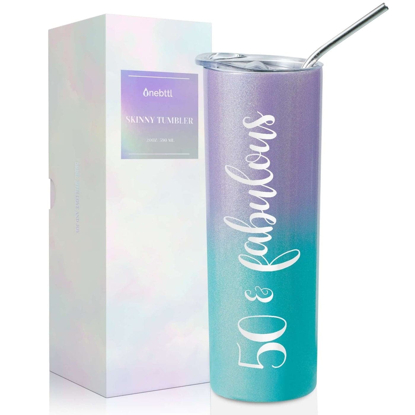 Onebttl 50th Birthday Gifts for Women Female Her 50 and Fabulous 20oz590ml Stainless Steel Insulated Tumbler with Straw Lid Message Card Green Purple