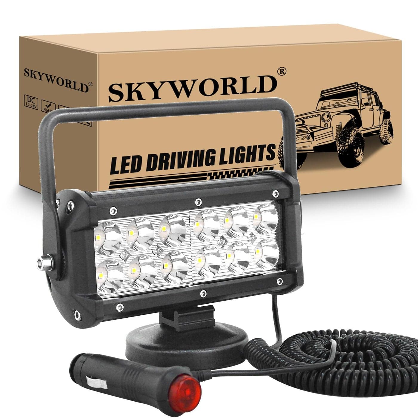 SKYWORLD Magnetic Led Work Light 12V 1PCS 7 Inch 36W Spot Off Road Driving Fog Lamp Portable Magnetic Base Holder for Car SUV Trailer Tractor Truck Engineering Maintenance Garage Camping
