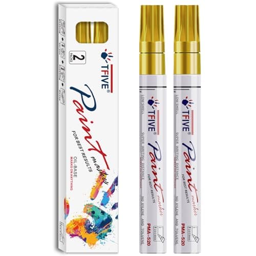 TFIVE Gold Permanent Paint Marker Pens 2 Count Oil Based Marker Pen Medium Tip Waterproof Quick Dry for Office Art projects Rock Painting Ceramic Glass Wood Plastic Metal Canvas