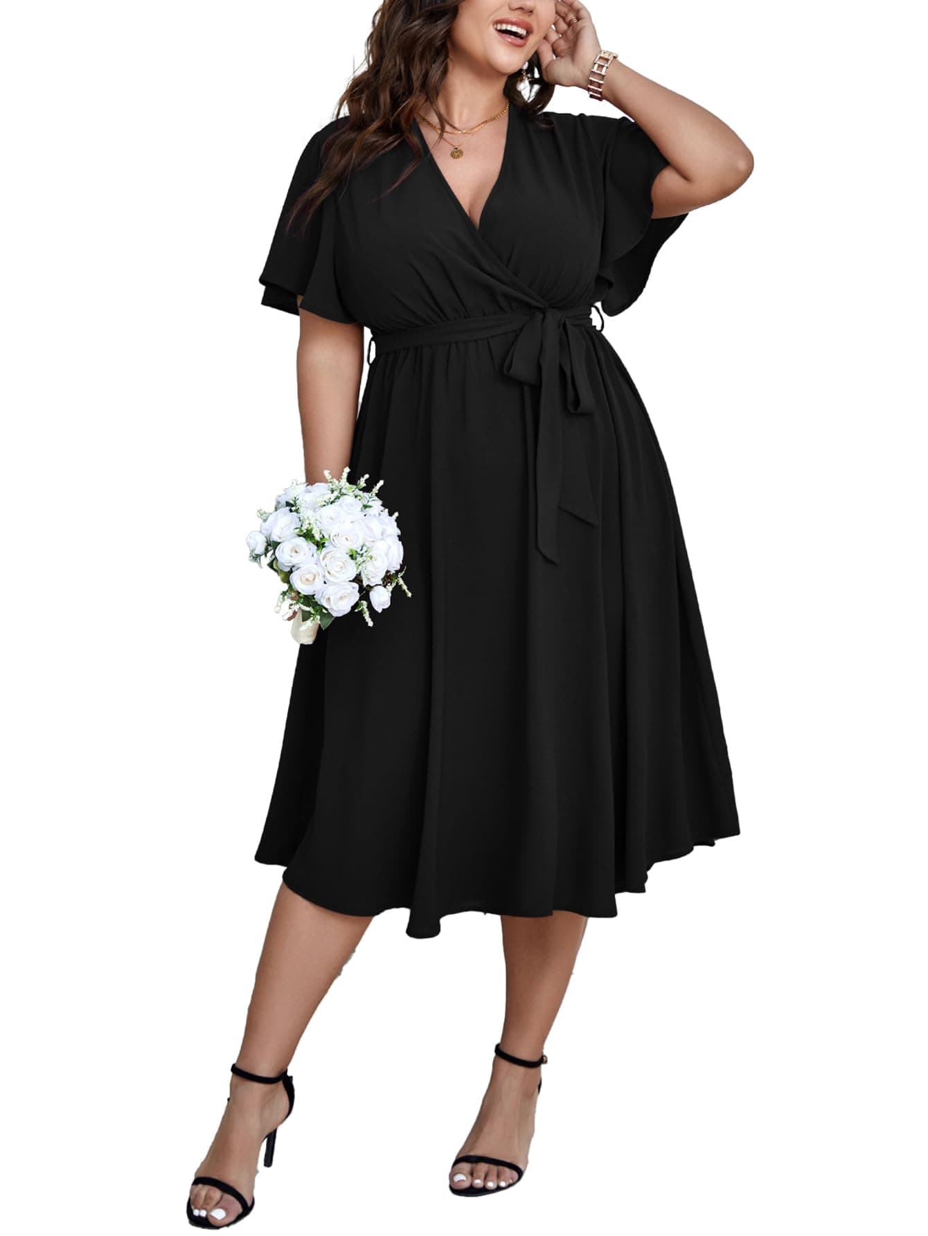 SCOMCHIC Womens Plus Size Wedding Guest Cocktail Midi Dress Summer Short Sleeve Wrap V Neck Belted A-Line Flowy Dress Black