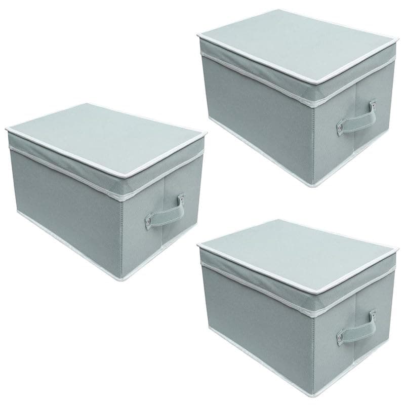 QUAIL NonWoven Foldable Fabric Organizer Storage BoxBin MultiUtility Wardrobe Organiser with Lid Handles Extra Large For Kids Books Magazines Clothes Pack of 3 Grey