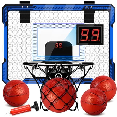 Molutsody Indoor Basketball Hoop for Kids Over The Door Mini Basketball Hoop with LED Light Scoreboard Includes 3 Balls Air Pump Basketball Toys Gifts for 412 Year Old Boys Girls Blue