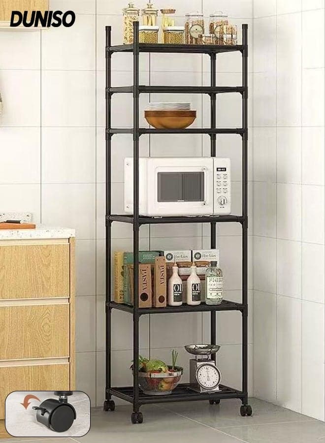 Tier Thickened Storage Rack with Wheels,Metal Kitchen Shelving Unit,Large Capacity Shelves, Multifunctional Storage Shelves Organizer suitable for Kitchen, Closet, Bathroom, Laundry(Black)