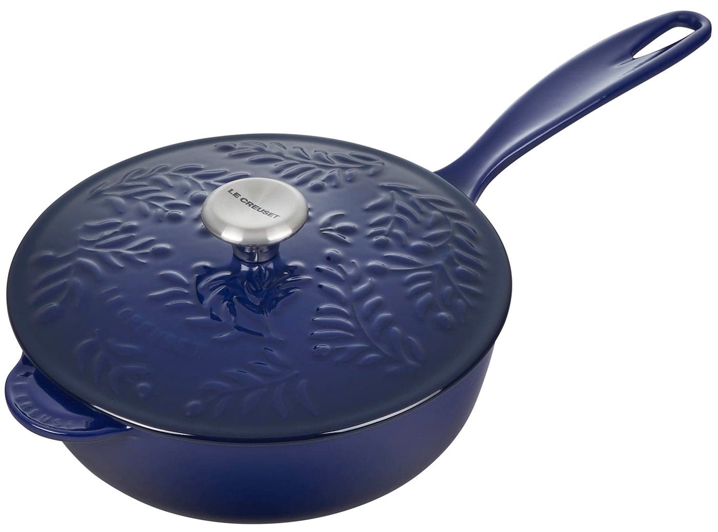Le Creuset Olive Branch Collection Enameled Cast Iron Saucier, 2.25 qt., Indigo with Embossed Lid