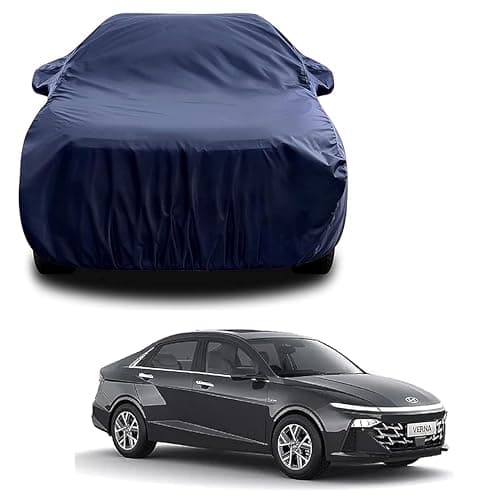 Sulfar 100% Water Resistant Car Body Cover Compatible with Mirror for Hyundai Verna (Triple Stitched, Full Bottom Elastic, Navy Blue)