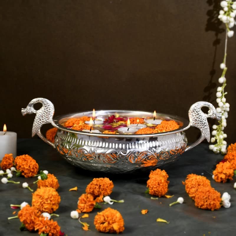 JAIPUR ACE Decorative Pure Brass Silver Plated Urli with Peacock Handle l Urli for Home Decor l Ideal for Gifting and Pooja and Decoration l Weight 750 gm 8 Diameter Urli 45 Height
