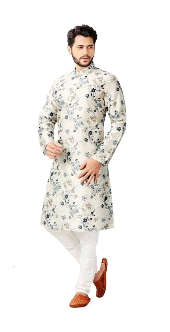 Logass Men's Silk Blend Printed Kurta Pyjama Set (Dp-Le 004-S_Small) White