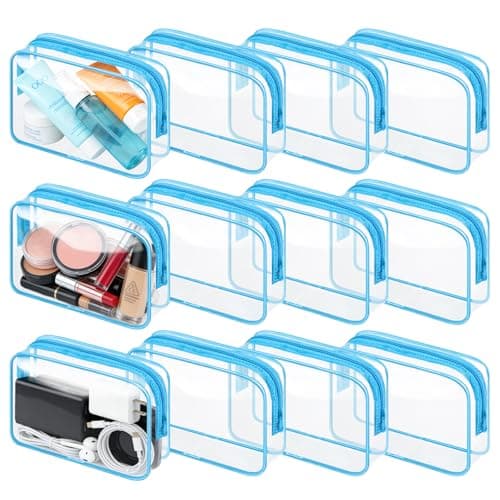 Eilyliafe 12PCS Clear Makeup Bag Transparent PVC Makeup Bag Waterproof Plastic Zipper Pouches Travel Toiletry Organizer Cosmetic Storage Case for Women Traveling Bathroom (Blue, Medium)