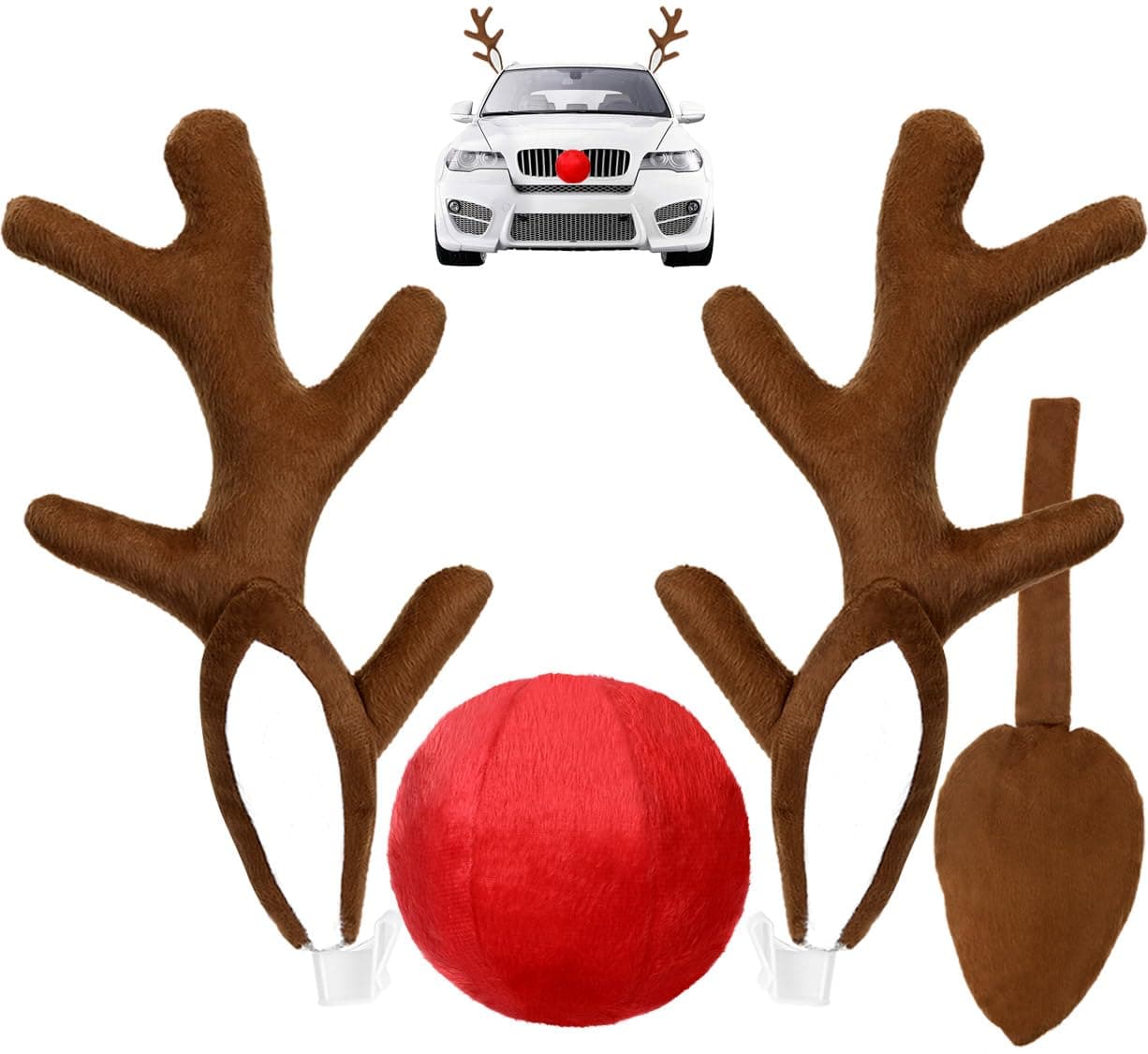 Narremcoy Car Reindeer Antlers & Nose Decorations - Cute Rudolph Reindeer Auto Holiday Accessories with Ears - Christmas Roof Top Decorations for SUV Van Truck