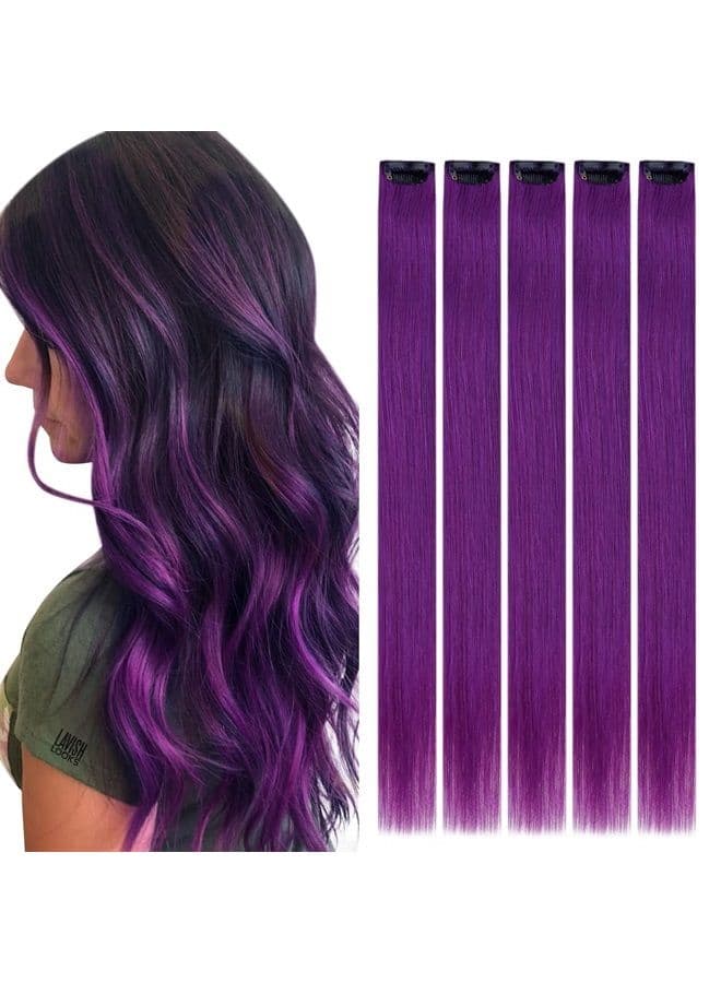 Purple Clip in Extensions Real Human Hair 20 Inch Long for Women Colored Clip in Double Weft Hair Extensions Remy Hair Invisible Purple Human Hair Extensions Clip in Natural Hair 25g 5pcs