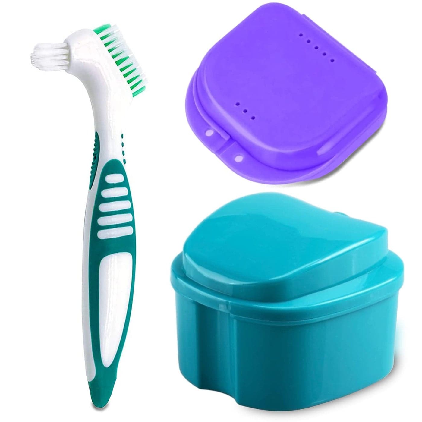 Denture Bath Case Cup with Denture Cleaner Brush Retainer Holder Box Complete Clean Care for Dentures Clear Braces Mouth Guard Night Guard RetainersTraveling Blue