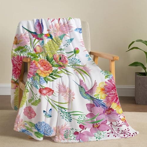 Bestraily Hummingbird Throw Blanket Floral Flower Throw Blanket Spring Colorful Flannel Fleece Throw Blankets Gifts for Women Children Soft Cozy Plush Throw Blankets 50" x 60"