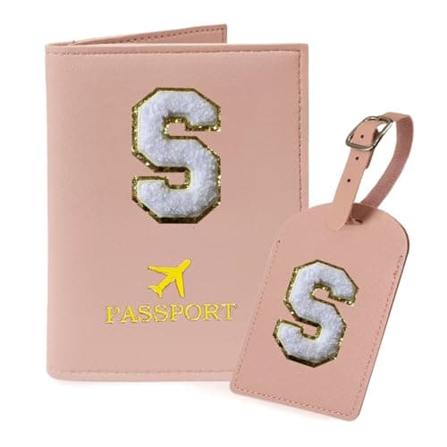COSHAYSOO Passport Cover Holder and Luggage Tag Set with Initial Chenille Letter Patch A-Z for Women Teenage Girls, Vaccine Card Slot Travel Bag Suitcase Identifier Pink S