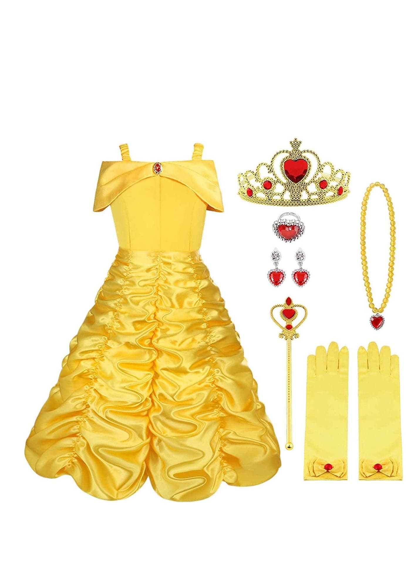 Princess Belle Fancy Dress Up Party Costumes Dresses, Costume Dress, with Crown Wand Gloves Necklace Ring and Earrings, Suitable for Cosplay, Girls ( Yellow)