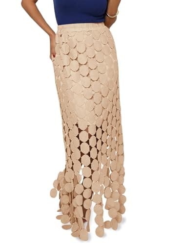 Cicy Bell Womens Hollow Out Maxi Skirts Summer High Waisted Boho Fringe Hem Long Skirt Khaki
