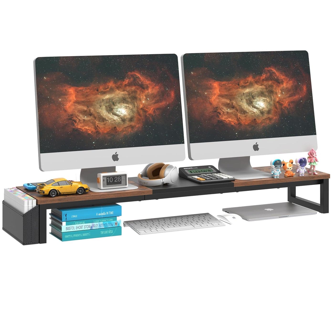 LANDVOI Dual Monitor Stand Riser415 Long Monitor Stand for 2 Monitors Wood Computer Riser with Pocket Desktop Oraganizer with Pen Holder Monitor Riser for Desk ComputerLaptopTV Rustic Brown
