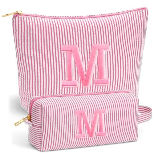 Fohufo Mothers Day Gifts for Girls Women - Personalized Initial Pink Makeup Bag, Teen Girl Gifts Trendy Stuff, 6 7 8 9 10 11 12 Year Girl Birthday Gift, Mothers Day Graduation Gift for Her - Letter M