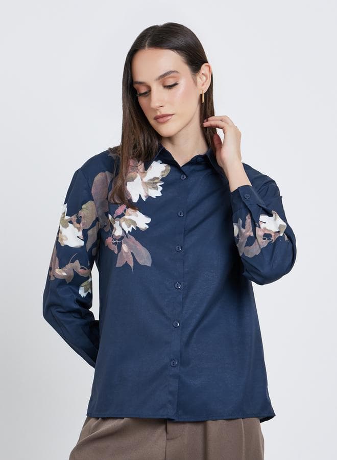 Women Navy Blue Floral Print Regular Fit Shirt