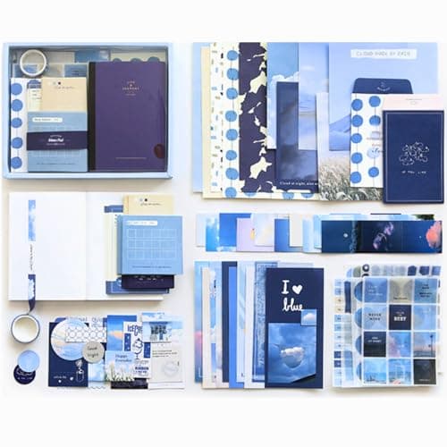 The AutoStory Scrapbook Set A6 Junk Journal Notebook Aesthetic Stickers Paper Pack Washi Tape DIY Craft Art Diary Planner Decor Keepsake Gift Teens Girls (The Wind Chases The Clouds, Blue)
