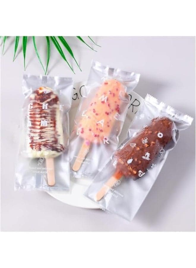 Popsicle Bags 100 Pack, Clear Ice Pop Bags, Self Sealing, Disposable, Plastic Bag Construction, Transparent, Silver Bottom, Cool Words