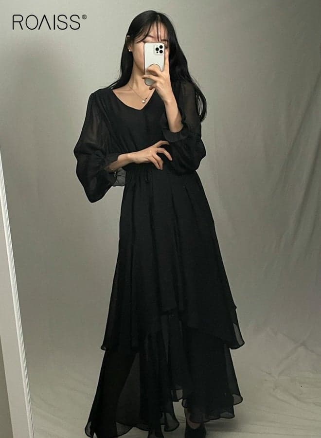 Women's Black V-Neck Long-Sleeve Dress A-Line Maxi Dress with a Fitted Waist Comfortable and Breathable Lantern Sleeves Layered Skirt Casual Vacation Everyday Dress Black