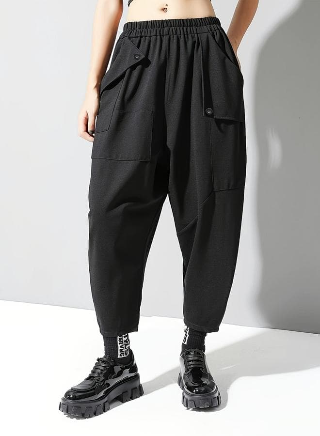 Solid Elastic Waist Irregular Pocket Detail Pants