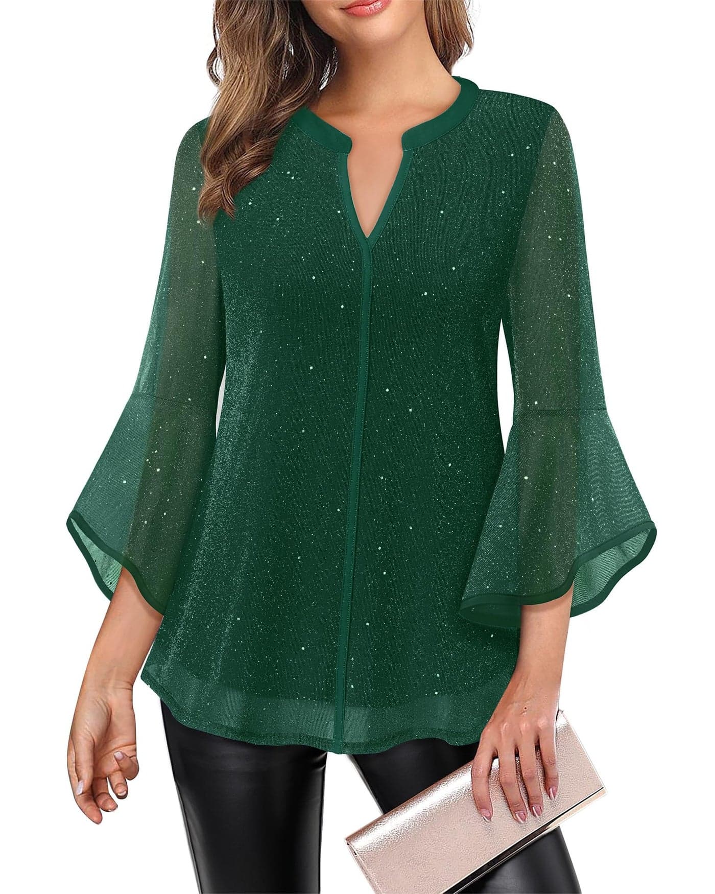 VALOLIA Women Blouses 3/4 Sleeve, Tunic Tops for Women Loose Fit Dressy Wedding Blouses for Woman Business Casual Plus Size Outfits Ladies Formal Tops Shirts for Evening Sparkly Green XX-Large