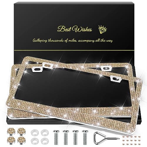 QUANQIUFEI 2 Pack Bling License Plate Frames for Women Sparkly Rhinestone Diamond Car Accessories with Glitter Crystal Caps Champagne