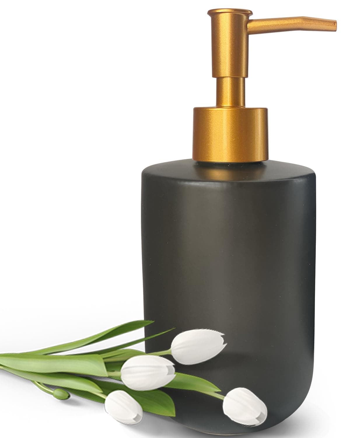 Black Liquid Soap Dispenser for Bathroom with Golden Pump,Refillable Dish Dispenser for Kitchen, Countertop Lotion Ceramics Hand Dispenser 420ml(Cylindrical Black Bottle)