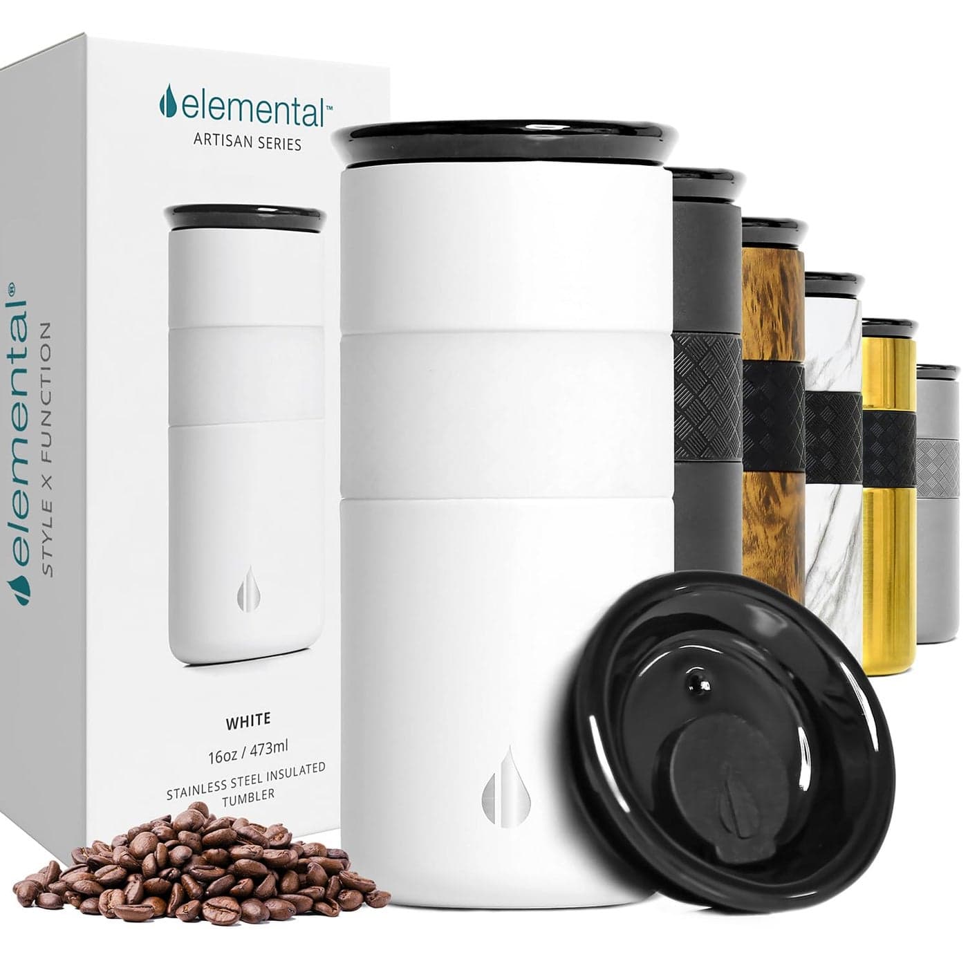 Elemental Artisan Insulated Tumbler Triple Wall Coffee Travel Tumbler Reusable Stainless Steel with Ceramic Lid Thermal Coffee Cups for Hot 6 Hrs Cold 18 Hrs 16oz Matte White
