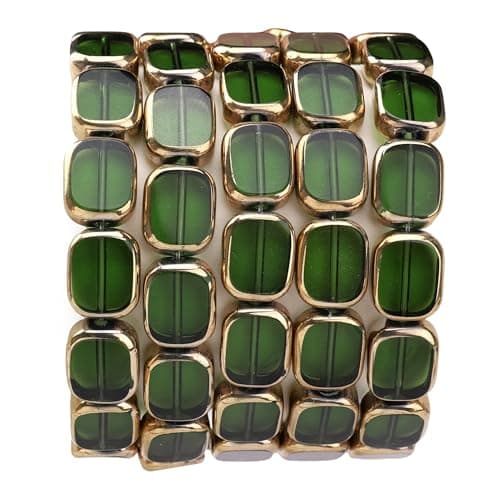 DADIFEN Glass Oval Beads Green 10x12mm 28pcs Rectangle Golden Edge Crystal Loose Beads for DIY Craft Jewelry Making