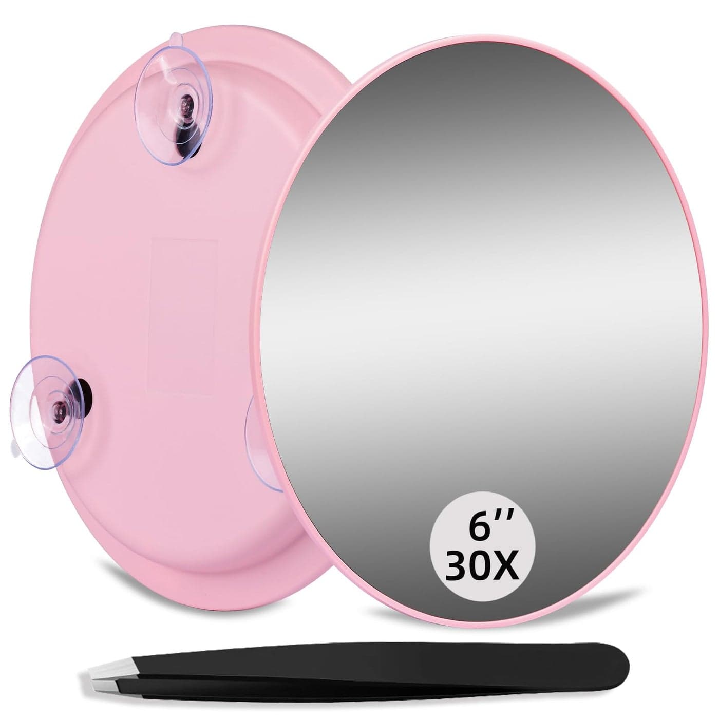 JJhxr 30X Makeup Magnifying Mirror Round 6inch Travel Magnified Mirror with 3 Suction Cups Mounting 30X Handheld Travel Magnification and Tweezers Kit Use for Makeup BlackheadBlemish Removal