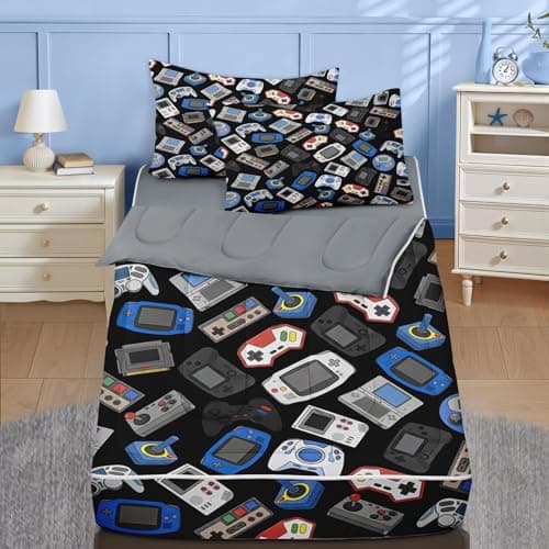 Nesker Zipper Bedding Full Retro Colorful Gamepad Zip Up Bedding Set for Boys and Kids, Gaming Controller 3 Pcs Comforter Bed in a Bag with Fitted Sheet and 2 Pcs Pillowcases