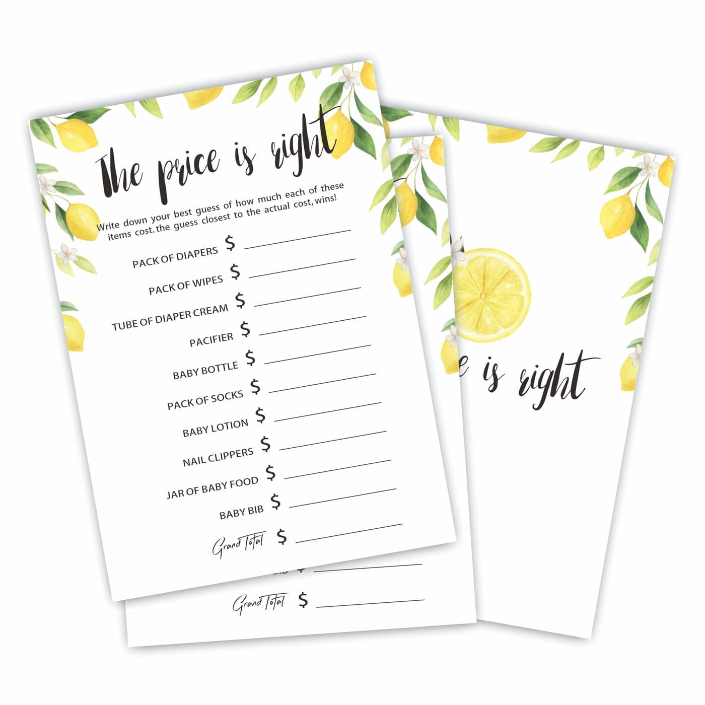 YKYENR The Price is Right Baby Shower Game Cards 30 Watercolor Lemon Theme 5 X 7 Inches Double Sided Fillin Game Cards for Boys Or Girls 30 Cards 1 Answer Card Party Favor SuppliesBbyxE06