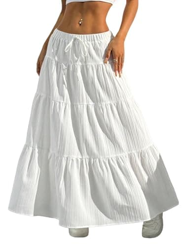 Verdusa Women's Boho Skirt Flowy Flared Ruffle Summer Long Maxi Skirts Going Out Outfits White Large