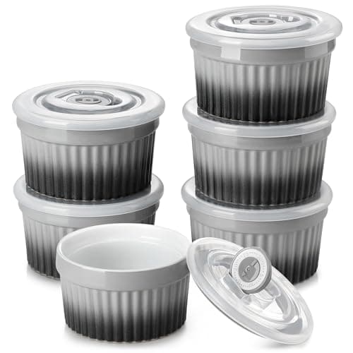 vancasso 8 oz Ramekins with Lid, Porcelain Creme Brulee Souffle Dishes, Grey Pudding Custard Cups Ramiken for Baking, Dishwasher and Oven Safe, Set of 6