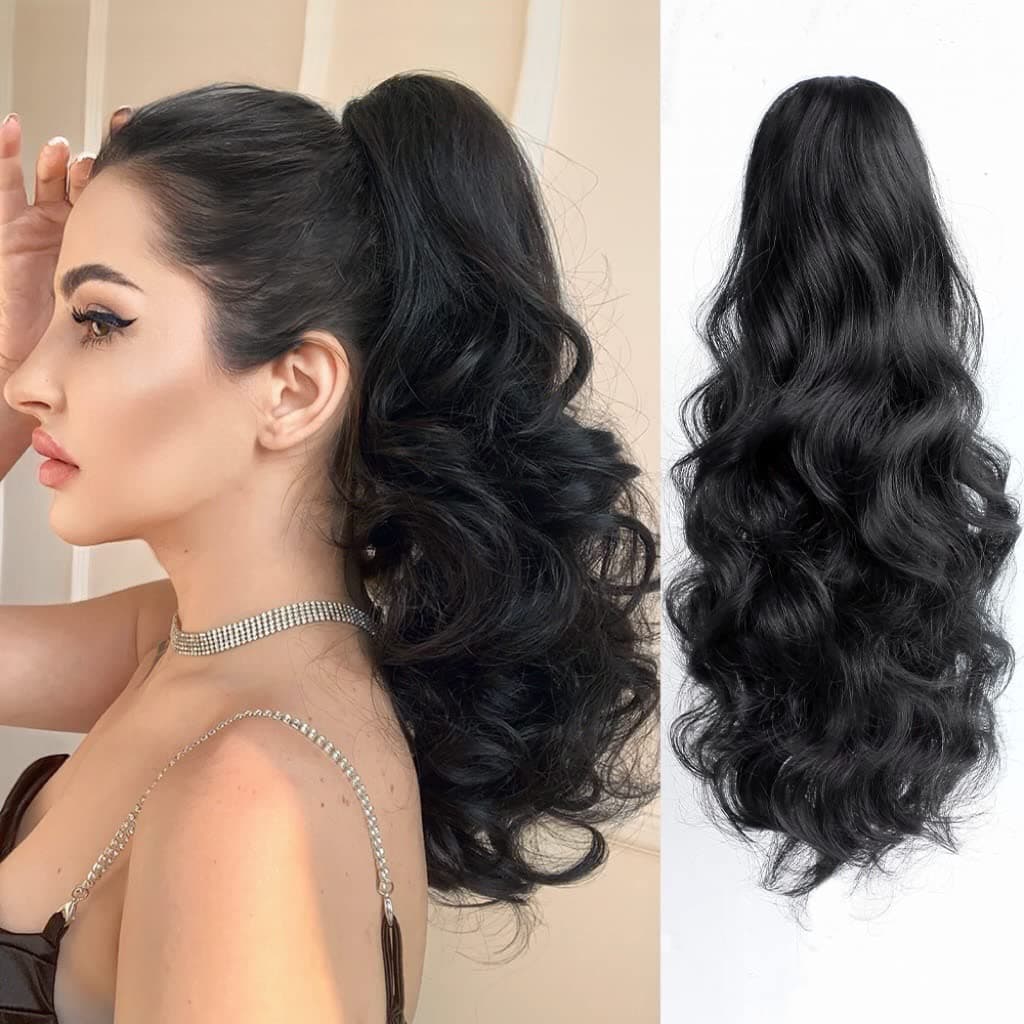 StrRid Claw Clip Ponytail Extension 16 Wavy Clips in Hair Extensions Curly Synthetic Pony Tails Fluffy Faux Ponytails Wigs Natural Hairpieces for Women Wedding Party Daily Use 6 Oz Dark Black